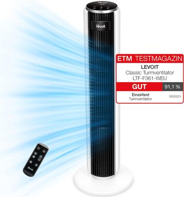 Безшумний баштовий вентилятор LEVOIT 28 дБ із розширеним режимом сну, вентилятор 7 м/с з пультом дистанційного керування, баштовий вентилятор з коливанням 90, 4 режими, 5 швидкостей, 12-годинний таймер, з охолодженням, білий