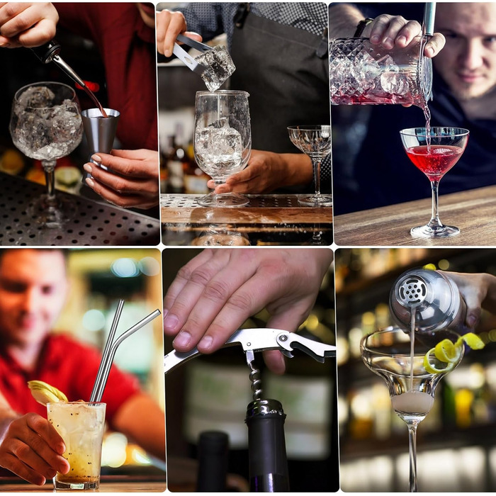 Набір для коктейлів 15 предметів, 750 мл, нержавіюча сталь, з підставкою з бамбука, мірним стаканом, ложкою та рецептами - професійний набір бармена для дому та бару