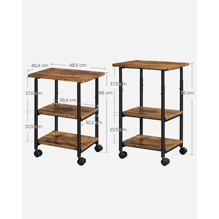 Столик для принтера VASAGLE з роликами, 3-рівневий, регульована стільниця, промисловий стиль, для офісу/кабінету, вінтажно-коричнево-чорний, OPS003B01V1