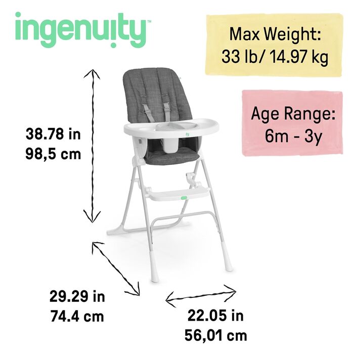 Стілець для годування Ingenuity Sun Valley - сірий, з тарілкою та 5-точковим ременем, від 6 місяців