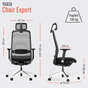 Крісло Yaasa Ergonomic для офісу та дому – ергономічне крісло з підтримкою попереку та регульованою спинкою – чорний колір, Expert