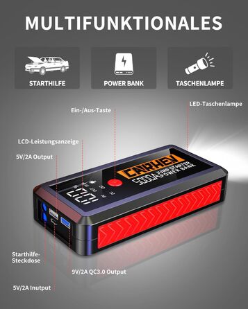 Powerbank для авто Starthilfe 5000A: зарядний пристрій, бустер, 12V, 8.0L бензин/дизель, USB, LED ліхтарик
