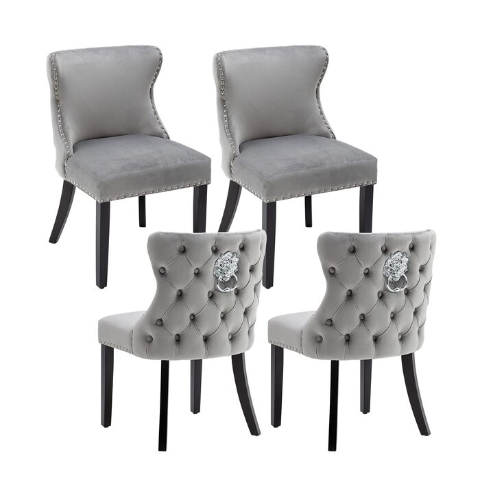 Крісла для їдальні з велюру, комплект 4 шт. - зручні кухонні крісла для вітальні, без підлокітники, на дерев'яних ніжках (Сірий-4)