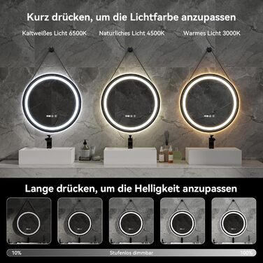 Дзеркало для ванної кімнати YOURLITE з підсвічуванням, 60 см, кругле, LED, 3 кольори, регулювання яскравості, сенсорний вимикач, антизапарник, пам'ять, IP44, чорний