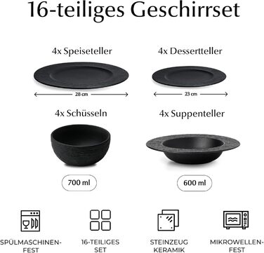 MIAMIO Набір посуду Oasis (20 предметів) - Сучасний чорний керамічний посуд для 4 осіб (16 супових тарілок)