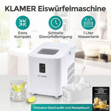 Льодогенератор KLAMER 24 кг/добу, 3 розміри кубиків льоду, 2.2л резервуар, 130W, білий