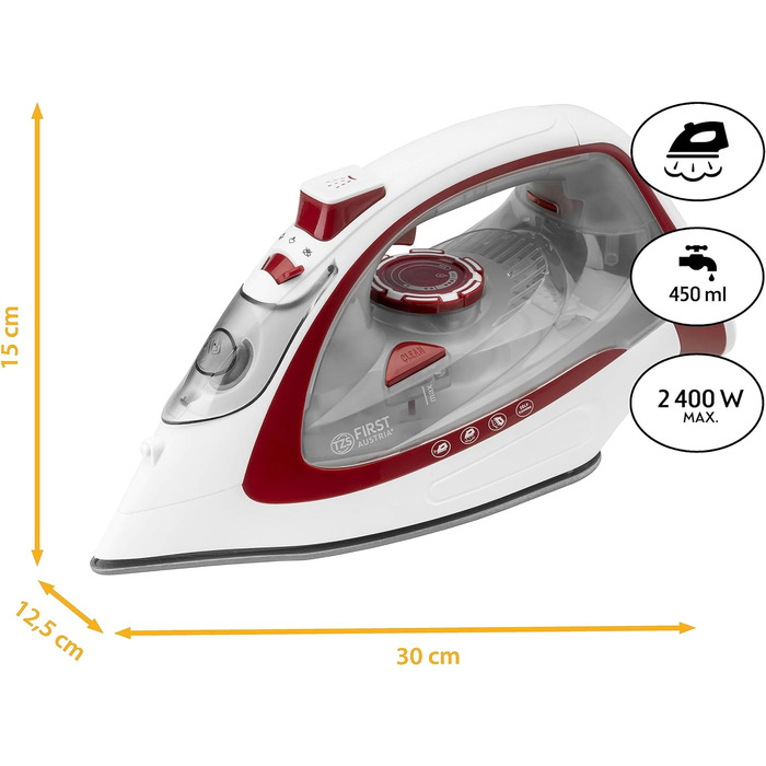 Бездротова парова праска TZS в Австрії з базовою станцією Регульована температура та сила пари Керамічна підошва, вертикальна пара, крапля-стоп, захист від вапняного нальоту, самоочищення Резервуар для води об'ємом 450 мл (червоний/білий)