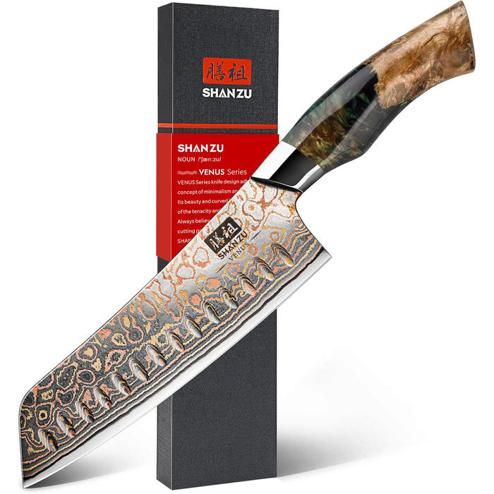 Японський ніж SHAN ZU з дамаської сталі з міддю, ручне кованість, професійний кухонний ніж, 20 см, серія VENUS (18 см Сантоку)
