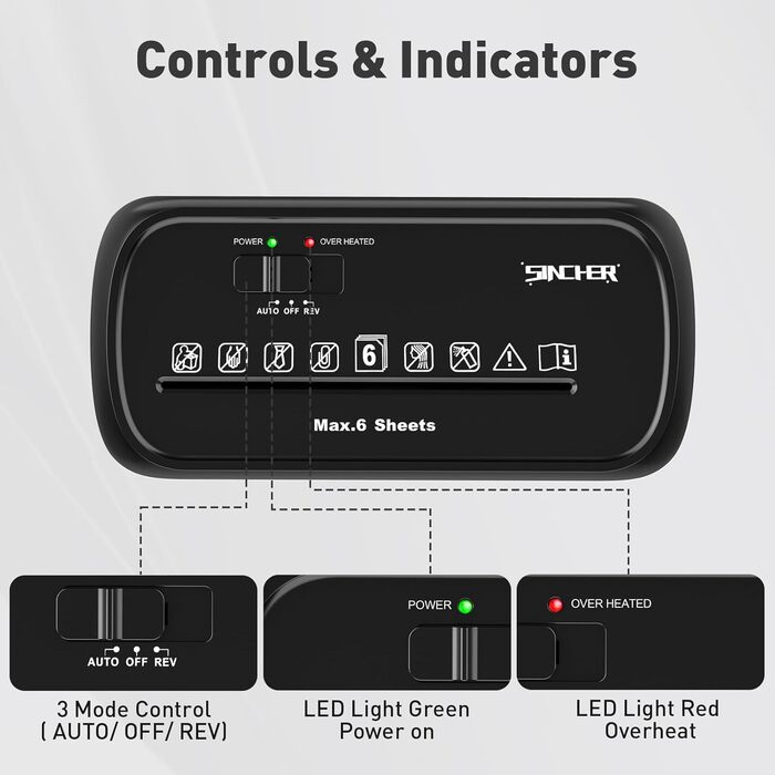 Шредер SINCHEREU 6 листів, перехресний різання, рівень безпеки P4, з кошиком 11л, для документів, кредитних карт, CD, з захистом від перегріву, для дому та офісу
