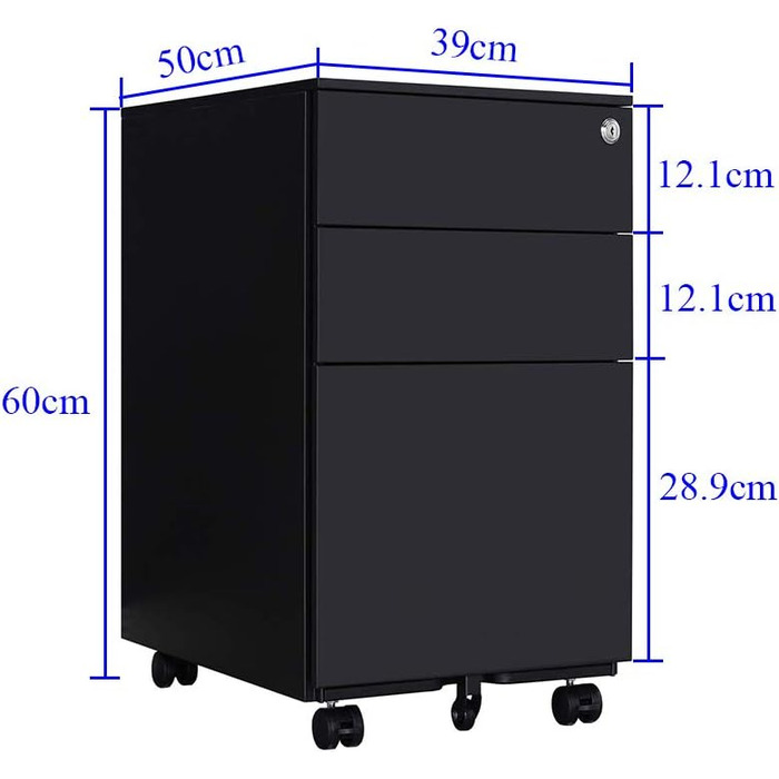 Шафа для документів, офісна шафа з 3 висувними ящиками, коліщатками, анти-перекидання, 50x39x60 см (Чорний)