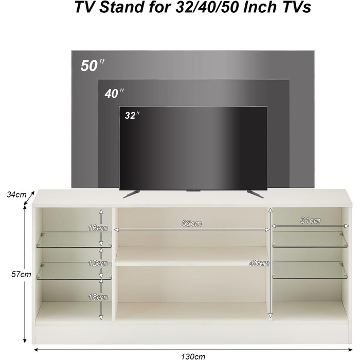 Тумба під телевізор CLIPOP Hochglanz Weiß з LED-підсвіткою, 130x34x57 см - ТВ тумба з скляною полицею для вітальні