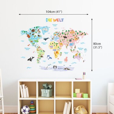Карта світу Карта світу тварин наклейки на стіну наклейки на стіну настінні наклейки Декор стін для вітальні спальні дитяча кімната (дуже великий) (німецький вер.) (великий1615sde), 1615de
