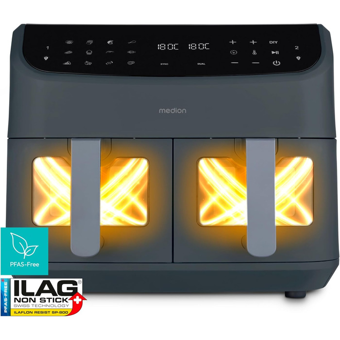 MEDION P20 XXL Фритюрниця з гарячим повітрям з 2 камерами (8,7 л, Airfryer, 2600 Вт, подвійна камера, 10 автоматичних програм, 2 висувні ящики, віконце, Dual Airfryer, ILAG PFAS-free, MD11760) матово-білий, матово-сірий