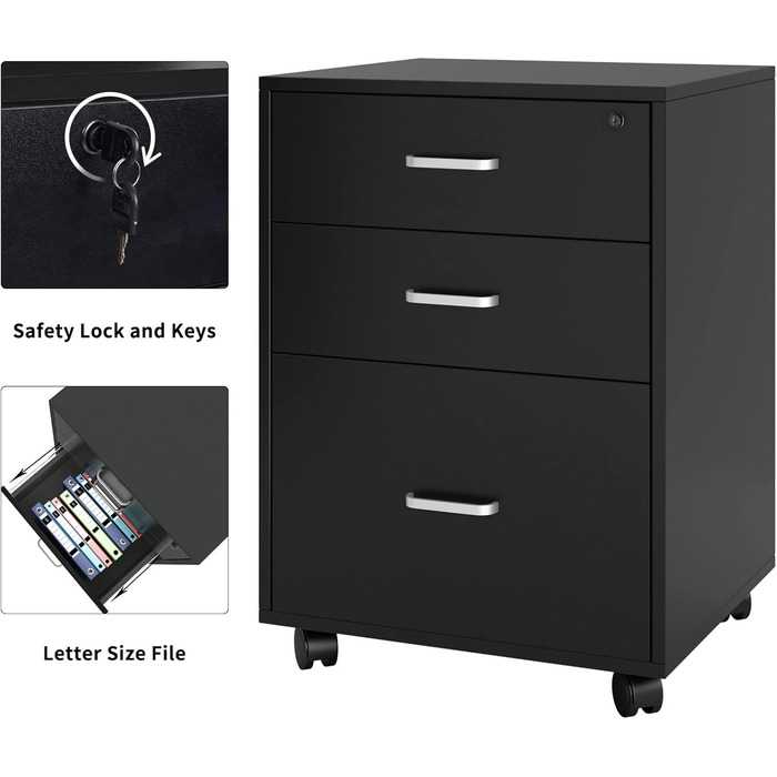 Шафа для документів SDHYL з 3 висувними ящиками на колесах, верхній ящик з замком, чорна, для дому та офісу