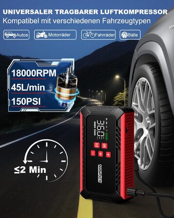 Powerbank для автомобіля з компресором 150 PSI, 7000A, 12V, 8L/10L (бензин/дизель), LED-ліхтарик