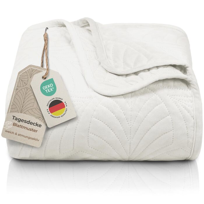 Преміум ковдра-плед Gräfenstayn 240x260 см – надзвичайно м'яка, безшовна стежка, дизайн з листям, для ліжка та дивану (кремовий)