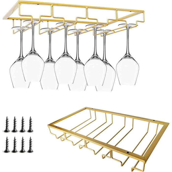 Тримач для келихів для вина AZKEEGREY з 2 предметів підвісний 4-х рядний з гвинтами, металевий, для келихів для вина, келихів для шампанського (золото)