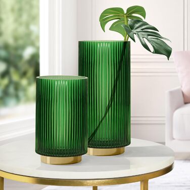 Скляна ваза Torre & Tagus Adele смарагдового кольору з золотим металевим підставкою, преміум-якість, для декору, з фактурним склом, для квітів, смарагдово-золота, для декору столу (19 см)