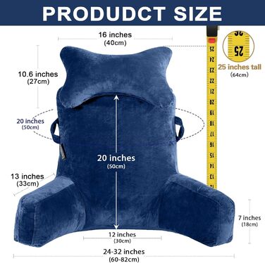 Підголовник для ліжка Lesekissen з знімною подушкою для шиї та вищим підлокітником для сидіння в ліжку, на дивані або на підлозі - спинка для читання, подушка для спини для дорослих для читання, перегляду телевізора, світло-сіра (блакитна, середня)