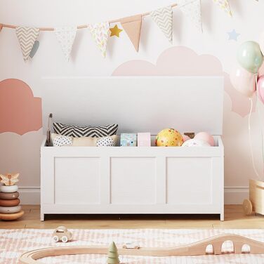 HOOBRO Лавка з ящиком для іграшок, 100 см, білий та натуральний колір дерева, з безпечним шарніром, для дому