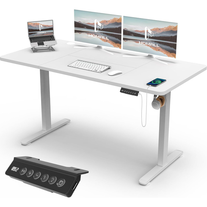 Регульований стіл Homall 140x60 см з USB-роз'ємом, комп'ютерний стіл для дому та офісу, ергономічний, білий