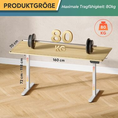 Регульований за висотою стіл Devaise з тихим мотором та функцією пам'яті для 3 положень, стіл для сидіння та стояння, регулювання висоти 72–118 см, ергономічний комп'ютерний стіл для офісу, білий (160x70 см, колір дуб)