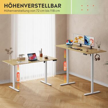 Регульований за висотою стіл Devaise з тихим мотором та функцією пам'яті для 3 положень, стіл для сидіння та стояння, регулювання висоти 72–118 см, ергономічний комп'ютерний стіл для офісу, білий (160x70 см, колір дуб)