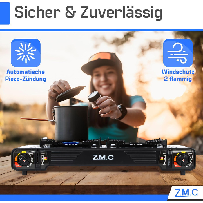 Преміум газовий набір для кемпінгу ZMC з 2 конфорками, 2,5 кВт, Piezo-запалювання, валіза для транспортування. Ідеально для відпочинку на природі, балкону та дому. Включає гриль-плиту 45×24 см та 227г газові картриджі.