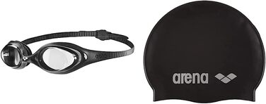 Плавальні окуляри ARENA Spider для дорослих унісекс, плавальні окуляри з захистом від ультрафіолету, самонастраивающаяся перенісся, гіпоалергенні силіконові прокладки (чорний (прозорий-чорний-чорний), комплект з шапочкою для плавання Black-Silver (55))