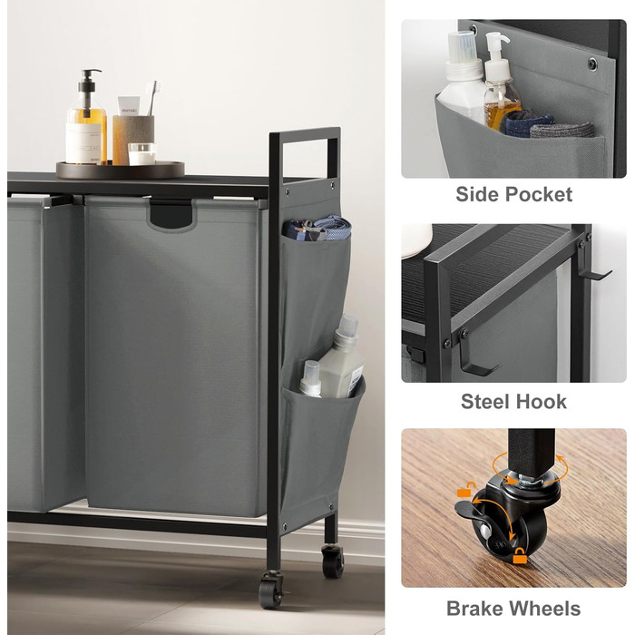 WOWLIVE Кошик для білизни з кришкою та колесами, сірий, 110л. З верхньою полицею та 2 знімними мішками для сортування