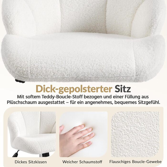 Крісло для дому та офісу Yaheetech, крісло для макіяжу, регульоване по висоті, поворотне, офісне крісло у формі мушлі, крісло з роликами, оксамитове крісло, до 136 кг, білий (сніжно-білий)