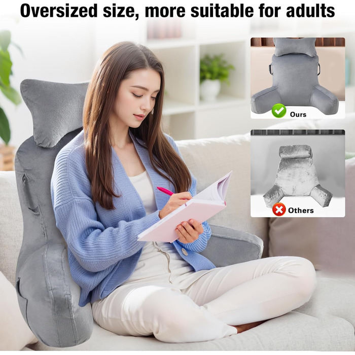 Лежанка для читання в ліжко для дорослих Suewidfay, 90x80 см, велика спинка з підголовником та підлокітником, комфортна подушка для читання в ліжко, диван або на підлогу