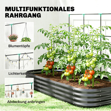 Підвищене грядка з шпалерою, металевий ящик для рослин з захисним бордюром та рукавичками, 220 x 110 x 150 см, темно-сірий