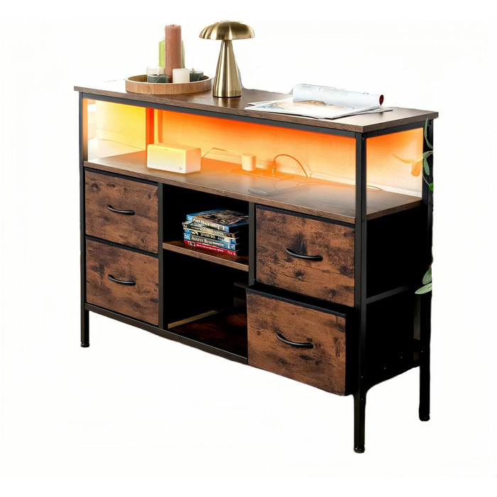 Вінтажна шафа для вітальні з LED-підсвічуванням, комод у стилі вінтаж з 4 висувними ящиками, 110x30x78 см, 2 USB та 2 AC роз'єми, дерев'яний комод для вітальні/кухні