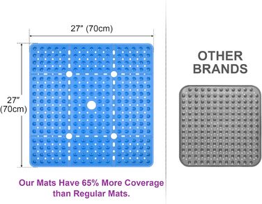 Протиковзкий килимок для душу Kingrading XL 70x70 см, 240 присосок, зливні отвори, можна прати в пральній машині (прозорий синій)