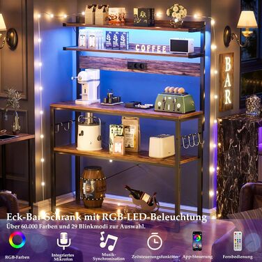 Кухонна полиця-стійка з розеткою, підставка для мікрохвильовки, 5-ярусна кавобар з LED-підсвічуванням, полиця для спецій, каструль та сковорідки, коричнева, 80 см