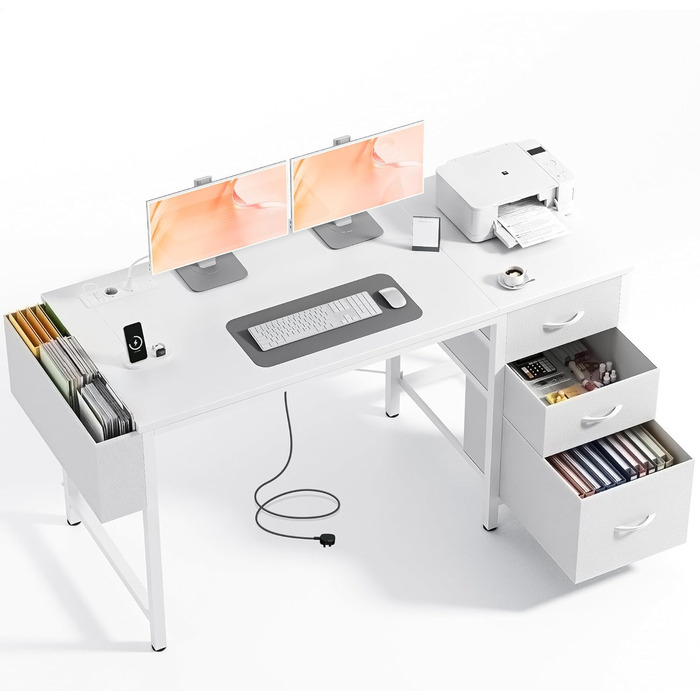 Компактний письмовий стіл Claiks з 3 ящиками, 100x60 см. Комп'ютерний стіл з розетками та USB-портами для дому та офісу