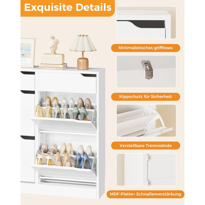 Шкаф для взуття IRONCK з 4 дверцятами, вузький, з 2 висувними ящиками, окремо розташований, з регульованими перегородками, для передпокою, входу та вітальні (Білий) 100*23.5*98 см, Білий