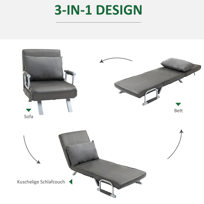 HOMCOM Диван-ліжко 3-в-1 Крісло-ліжко Гостьове ліжко Розкладний матрац Chaise Longue 65x69x80см Штучна Шкіра Сірий