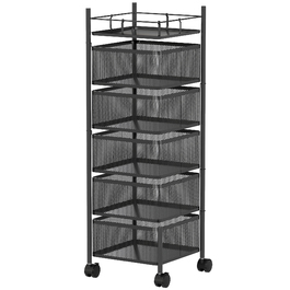 Візок для кухні з 5 обертовими кошиками, 4 поворотними колесами, металевим каркасом, чорного кольору