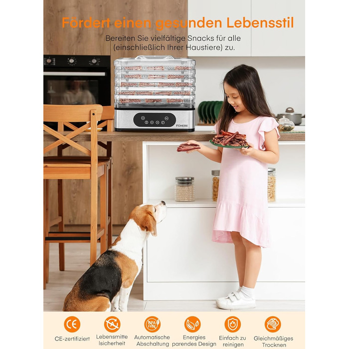 Електрична сушарка для продуктів FOHERE з нержавіючої сталі, 5 ящиків, LED-дисплей, 420W, 35-70°C, таймер 48h, для їжі, грибів, фруктів, м'яса, риби, овочів, без BPA