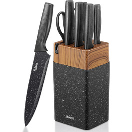 Набір кухонних ножів Yabano, 7 предметів: ніж, ніж для хліба, ніж для овочів, ніж універсальний, ніж для м'яса, ніж для вибору, ніж для очищення з інтегрованим точилом та пластиковим блоком (Speckled)