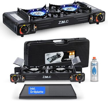 Преміум туристичний газовий набір ZMC: 2-конфортний газовий нагрівач 2,5 кВт з Piezo-запалюванням та валіза для транспортування | Для кемпінгу, балкону та дому | Включає гриль-плиту 45×24 см та газові картриджі 227г