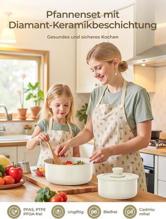 Набір посуду FOHERE 8 предметів: каструлі та сковороди з 2 знімними ручками, сковорода 20/28 см, каструлі 2.6/1.4 л, підходить для всіх плит (індукція), безпечний у духовці та посудомийній машині, бежевий