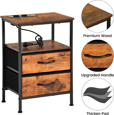 Нічні тумбочки EGGREE (2 шт) з зарядною станцією та шухлядами з тканини, колір вінтажний коричневий, для спальні, невеликих кімнат, готелю та апартаментів. USB-порти та розетки.