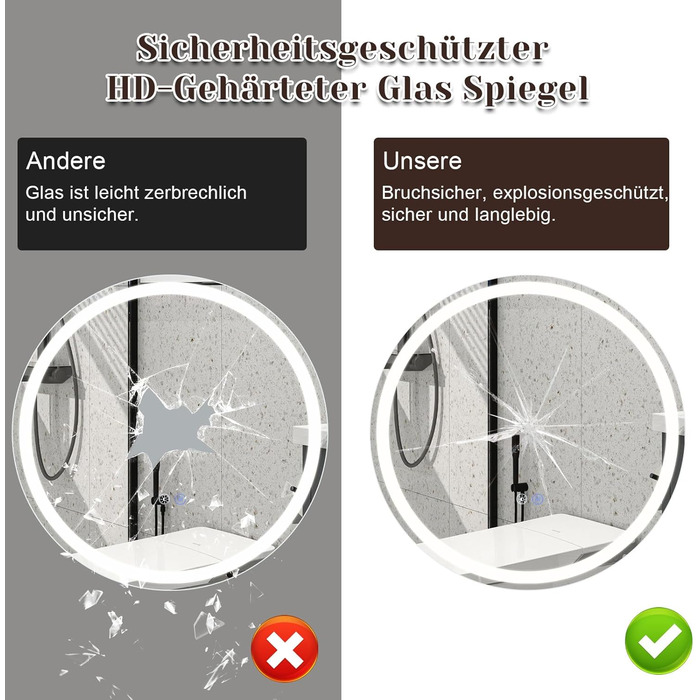 Дзеркало для ванної кімнати Mursche з підсвічуванням LED, 50x70 см, IP44, сенсорний вимикач, годинник, антизапар, регулювання яскравості 3000K-6500K