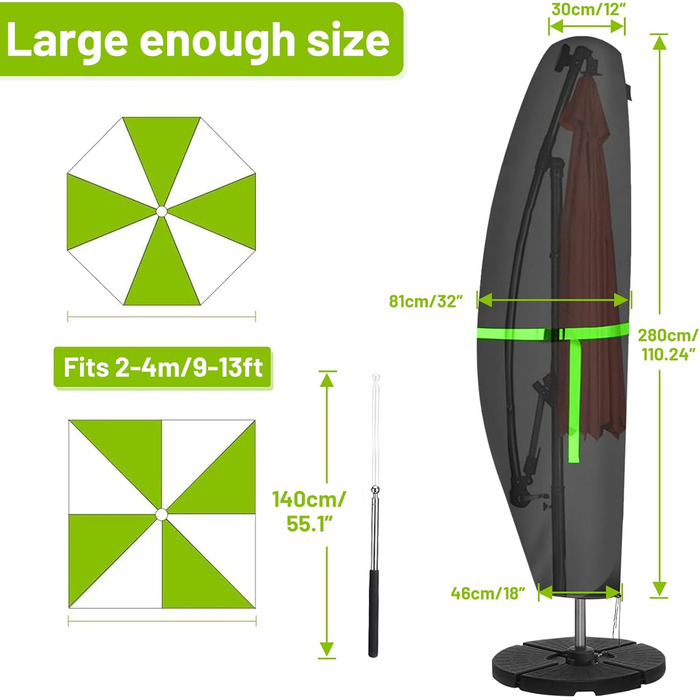 Чохол для парасольки GEMITTO, водонепроникний, 280x30x81/46 см, для парасольки 2-4 м, 420D, захист від вітру та сонця