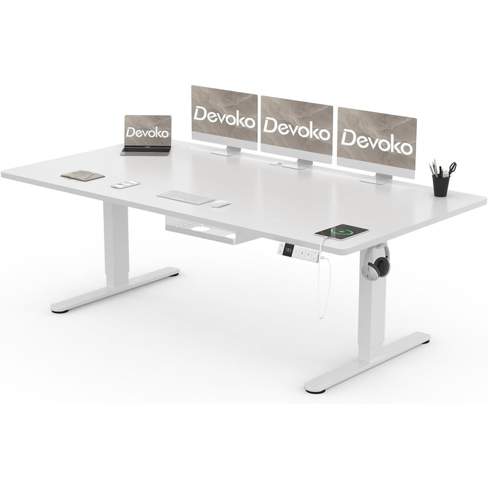 Електричний стіл Devoko з регулюванням висоти 200x80 см, білий, з USB-C зарядкою та органайзером для кабелів
