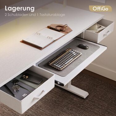 Регульований за висотою стіл OffiGo з 2 висувними ящиками та підставкою для клавіатури, 120 см. Електричний стіл з підставкою для монітора, RGB підсвічування та розетками, білий (120 x 54 см)