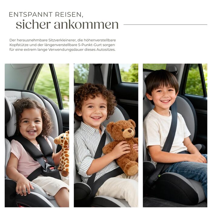 Автокрісло Tectake з 5-точковим ременем, i-Size, бічний захист, бустер для дітей 76-150 см (до 36 кг), світло-сірий/чорний